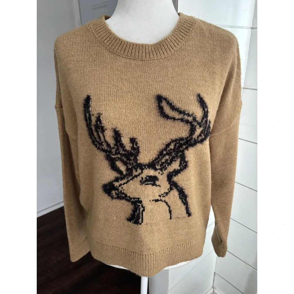 Anthropologie Sweater Womens Small Beige Deer Graphic Knit‎ Crewneck Pullover